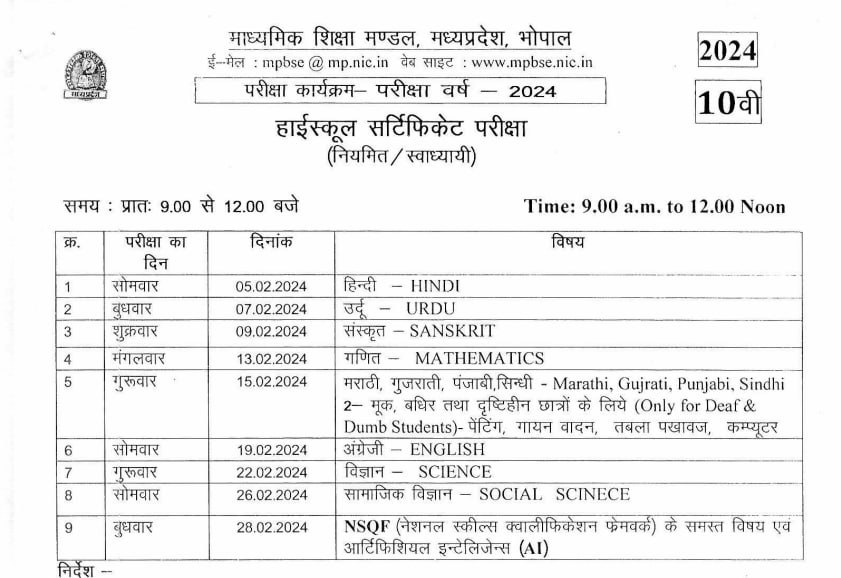 MP Board 10th-12th Time Table 2024